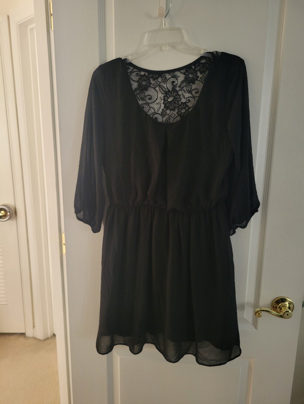 IZ BYER Black Chiffon Dress Size L Lace Back Cutout 3/4 Sheer Sleeve Cocktail